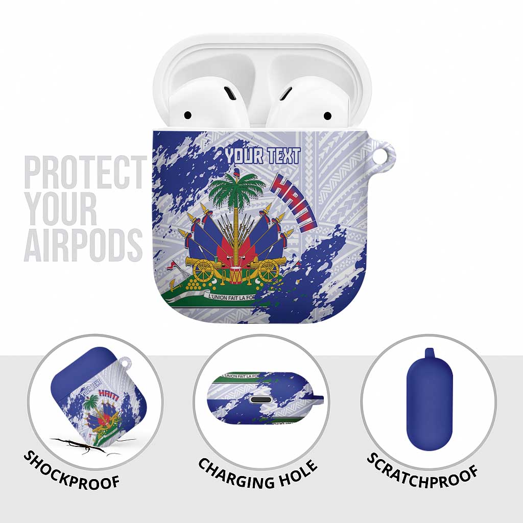 Custom Haiti Football AirPods Case Les Grenadiers Blue Grunge Polynesian Tattoo