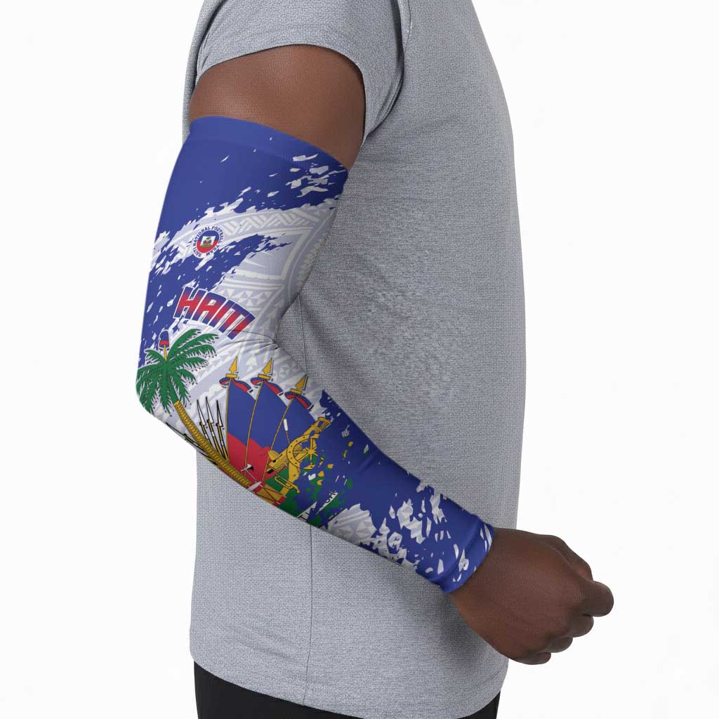 Custom Haiti Football Arm Sleeves Les Grenadiers Blue Grunge Polynesian Tattoo