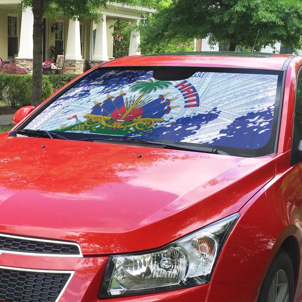 Custom Haiti Football Auto Sun Shade Les Grenadiers Blue Grunge Polynesian Tattoo