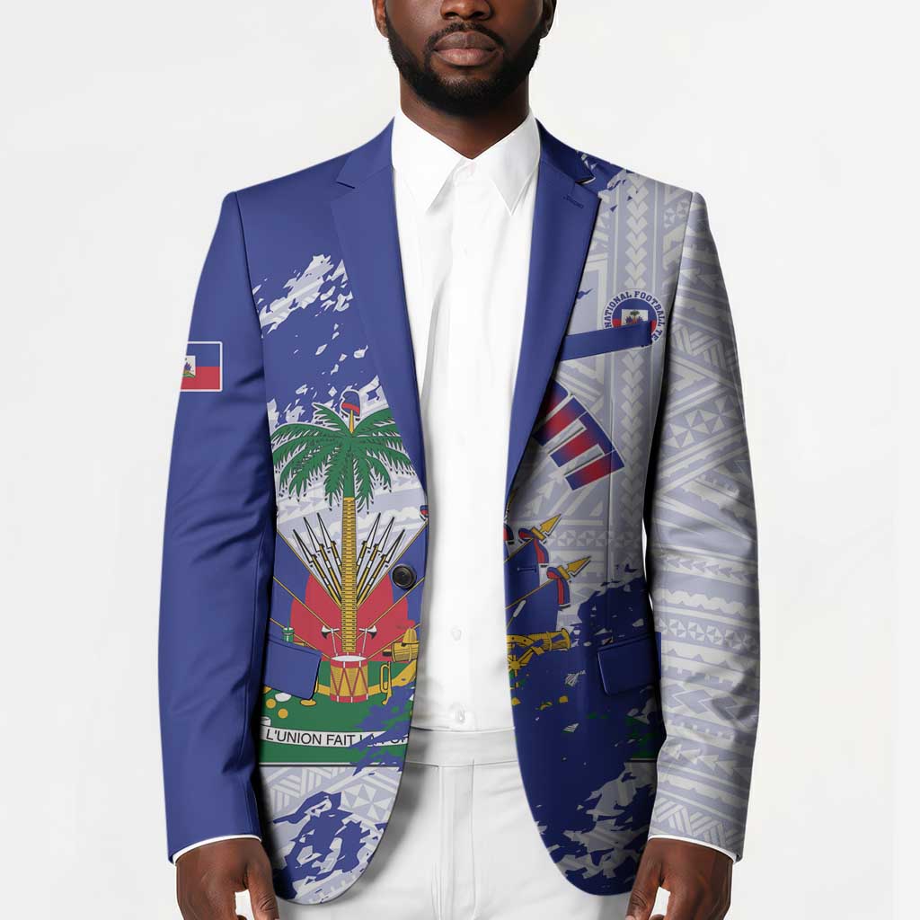 Custom Haiti Football Blazer Les Grenadiers Blue Grunge Polynesian Tattoo