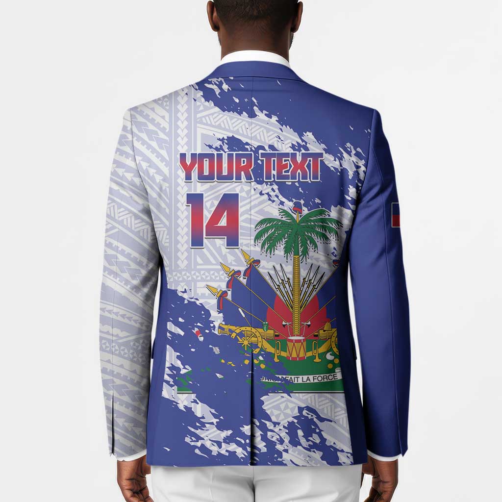 Custom Haiti Football Blazer Les Grenadiers Blue Grunge Polynesian Tattoo