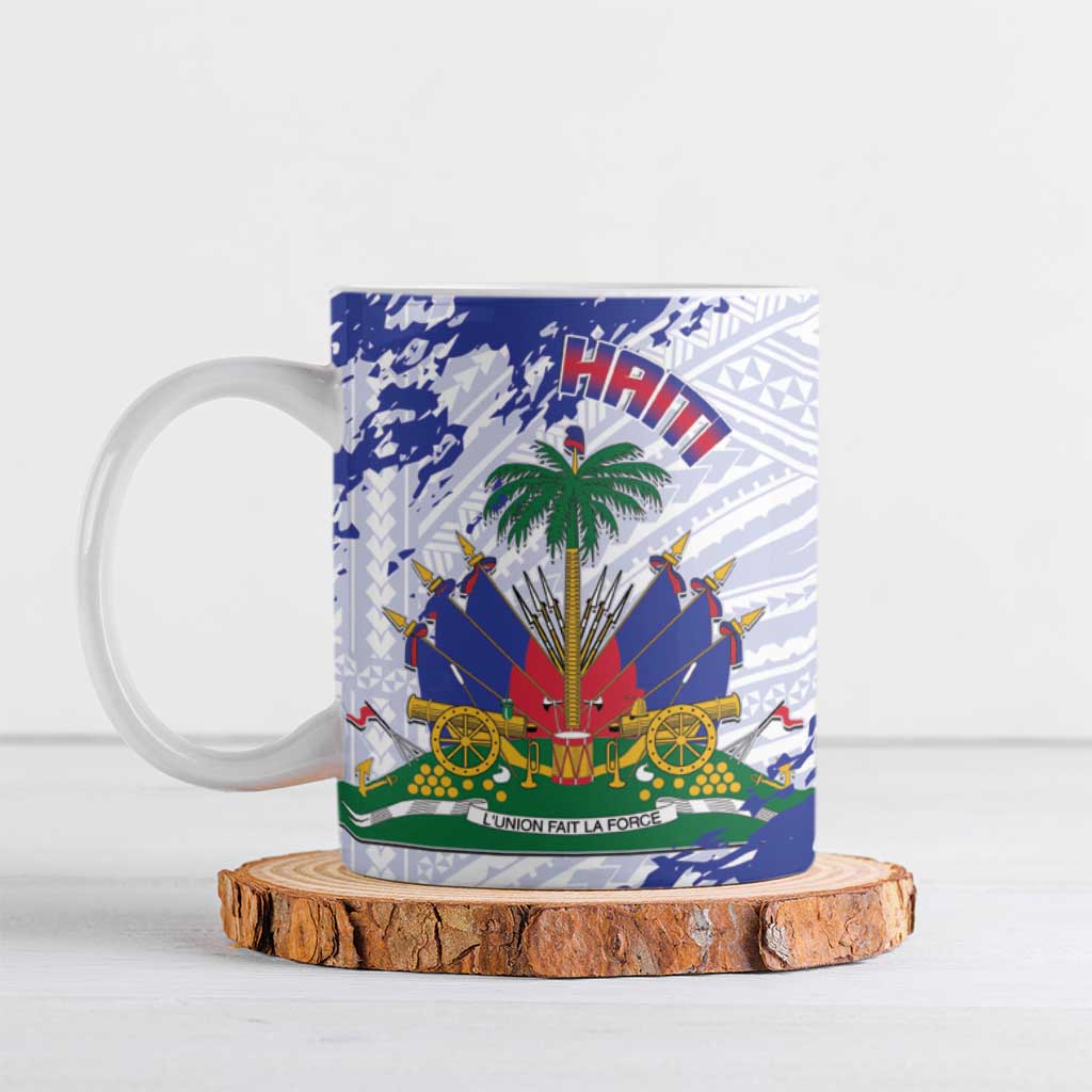 Custom Haiti Football Ceramic Mug Les Grenadiers Blue Grunge Polynesian Tattoo