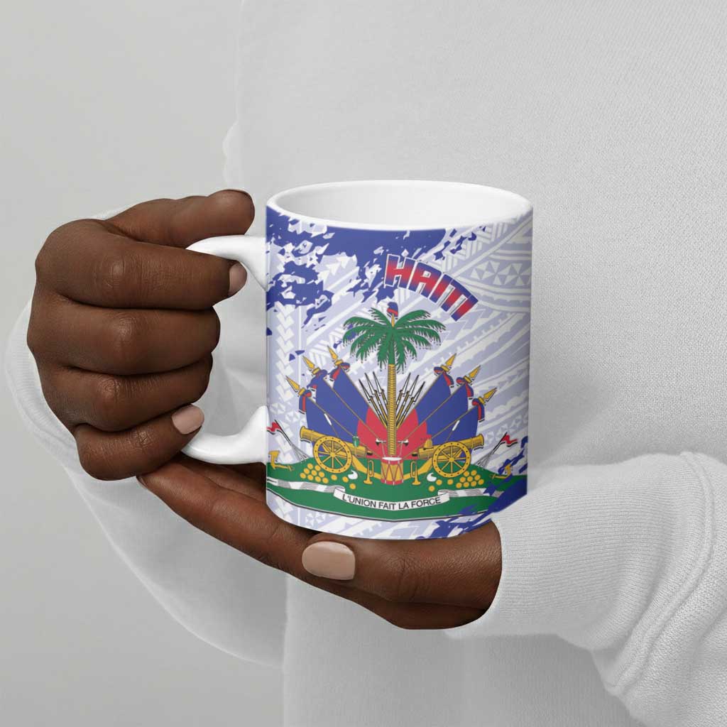 Custom Haiti Football Ceramic Mug Les Grenadiers Blue Grunge Polynesian Tattoo