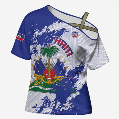 Custom Haiti Football Cross Shoulder Shirt Les Grenadiers Blue Grunge Polynesian Tattoo
