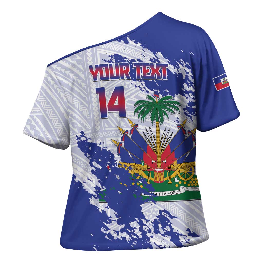 Custom Haiti Football Cross Shoulder Shirt Les Grenadiers Blue Grunge Polynesian Tattoo
