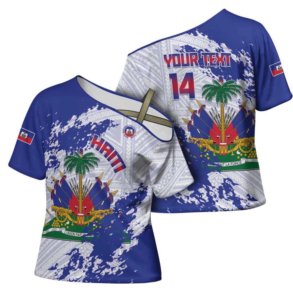 Custom Haiti Football Cross Shoulder Shirt Les Grenadiers Blue Grunge Polynesian Tattoo