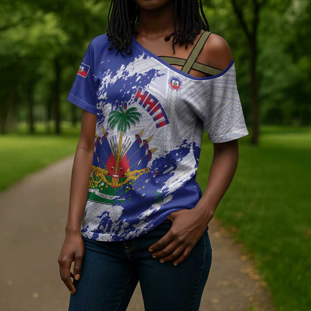 Custom Haiti Football Cross Shoulder Shirt Les Grenadiers Blue Grunge Polynesian Tattoo