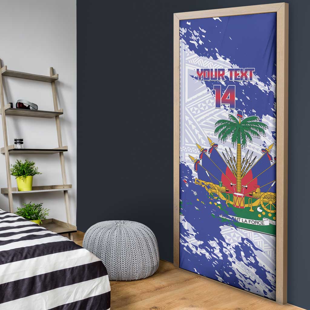 Custom Haiti Football Door Cover Les Grenadiers Blue Grunge Polynesian Tattoo