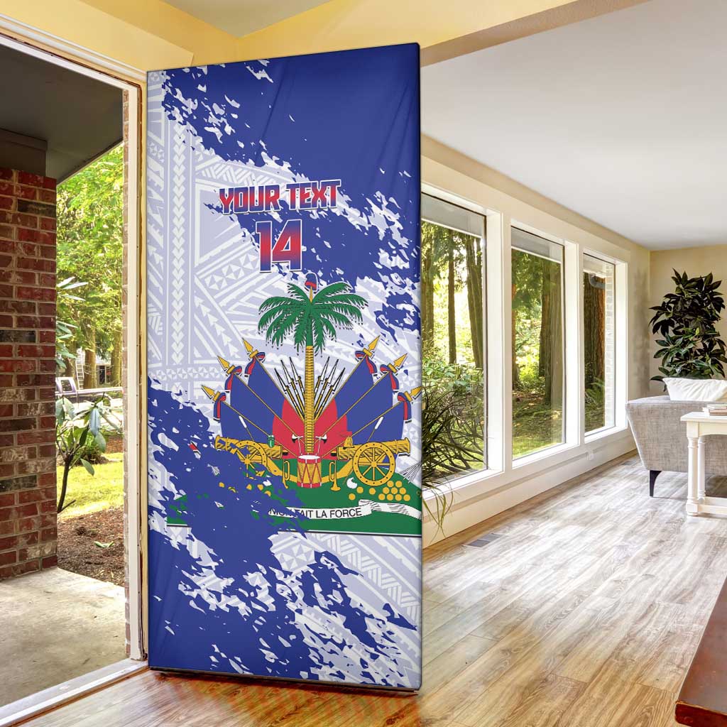 Custom Haiti Football Door Cover Les Grenadiers Blue Grunge Polynesian Tattoo