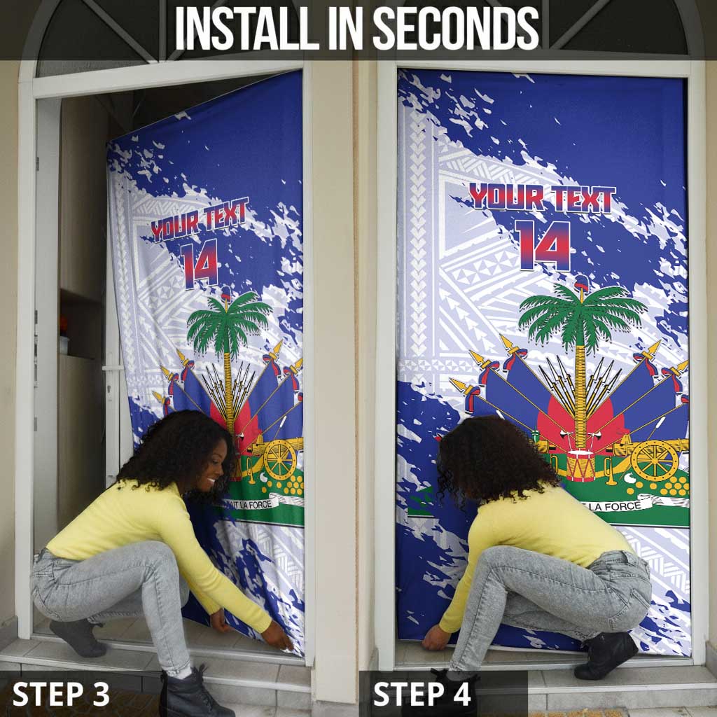 Custom Haiti Football Door Cover Les Grenadiers Blue Grunge Polynesian Tattoo