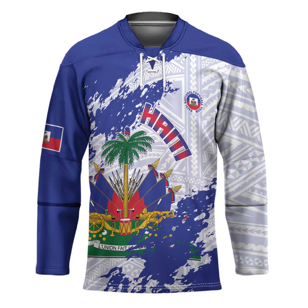 Custom Haiti Football Hockey Jersey Les Grenadiers Blue Grunge Polynesian Tattoo