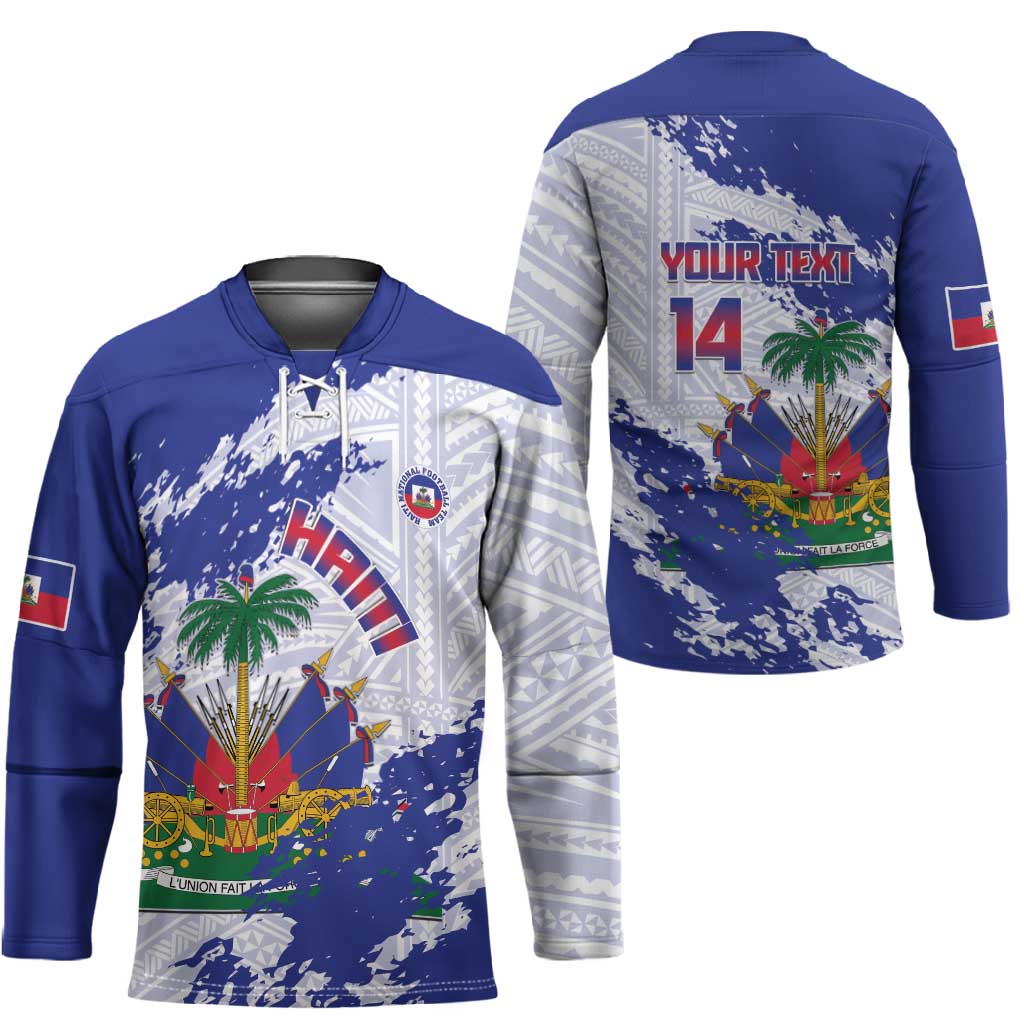 Custom Haiti Football Hockey Jersey Les Grenadiers Blue Grunge Polynesian Tattoo