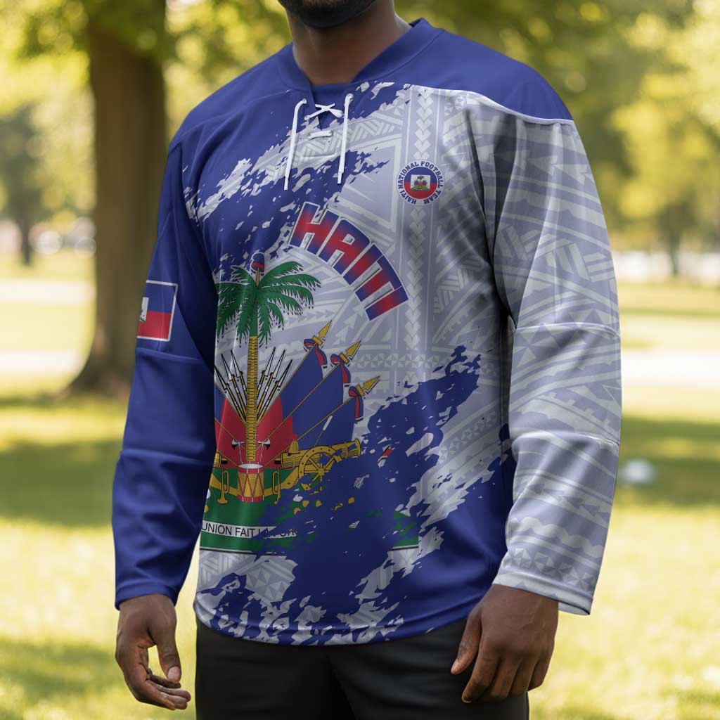 Custom Haiti Football Hockey Jersey Les Grenadiers Blue Grunge Polynesian Tattoo
