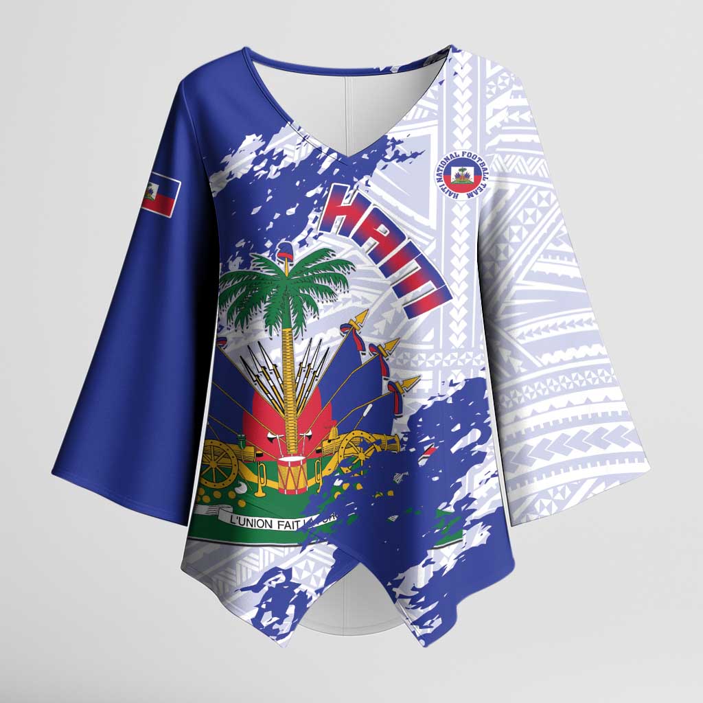Custom Haiti Football Kimono Sleeve Blouse Les Grenadiers Blue Grunge Polynesian Tattoo