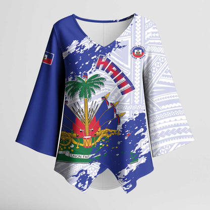 Custom Haiti Football Kimono Sleeve Blouse Les Grenadiers Blue Grunge Polynesian Tattoo
