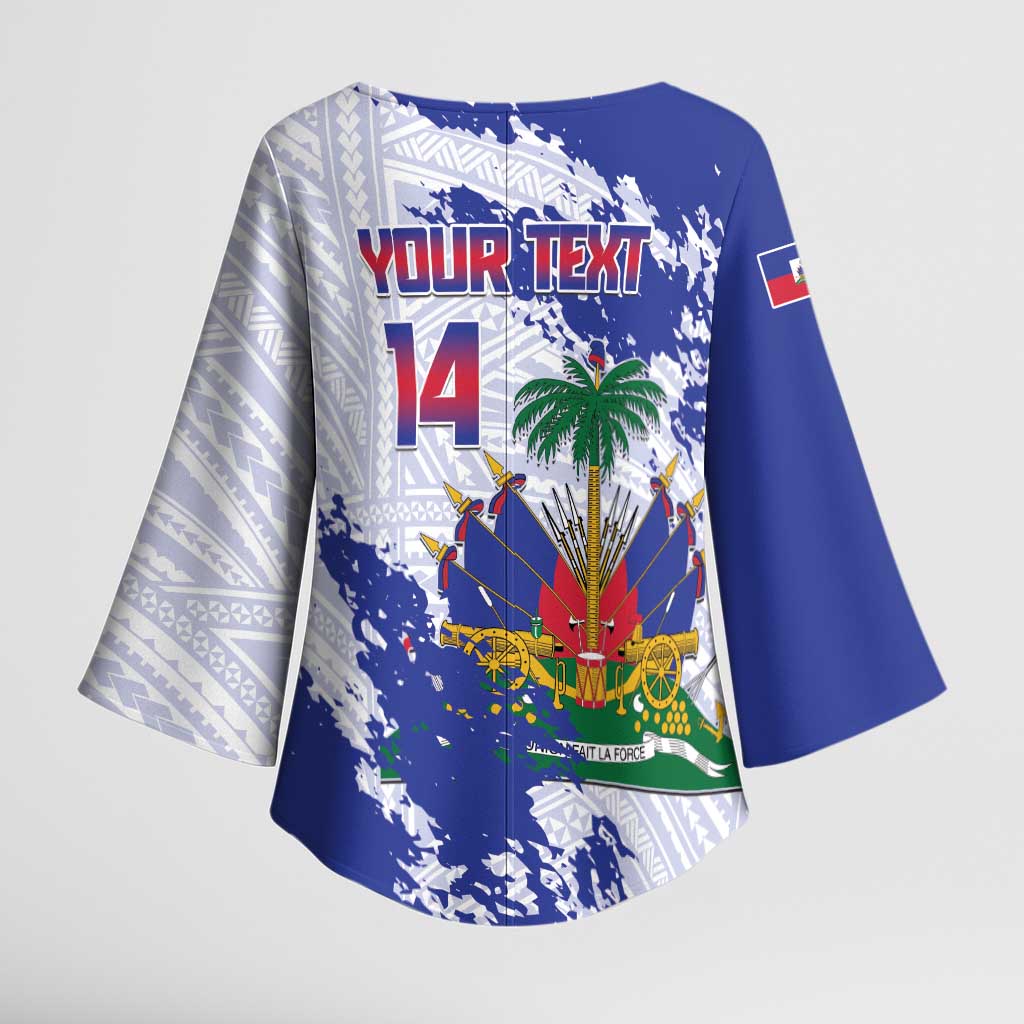 Custom Haiti Football Kimono Sleeve Blouse Les Grenadiers Blue Grunge Polynesian Tattoo