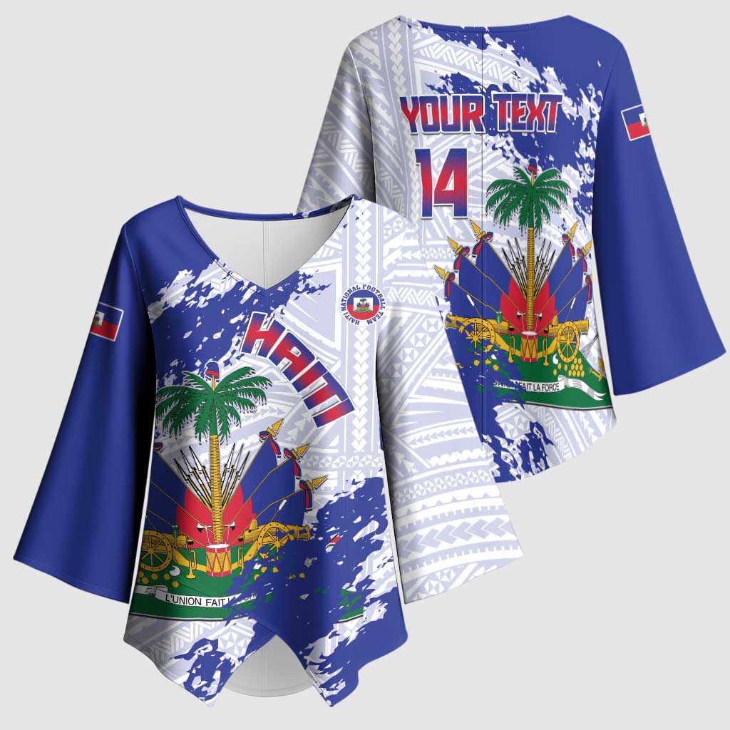 Custom Haiti Football Kimono Sleeve Blouse Les Grenadiers Blue Grunge Polynesian Tattoo
