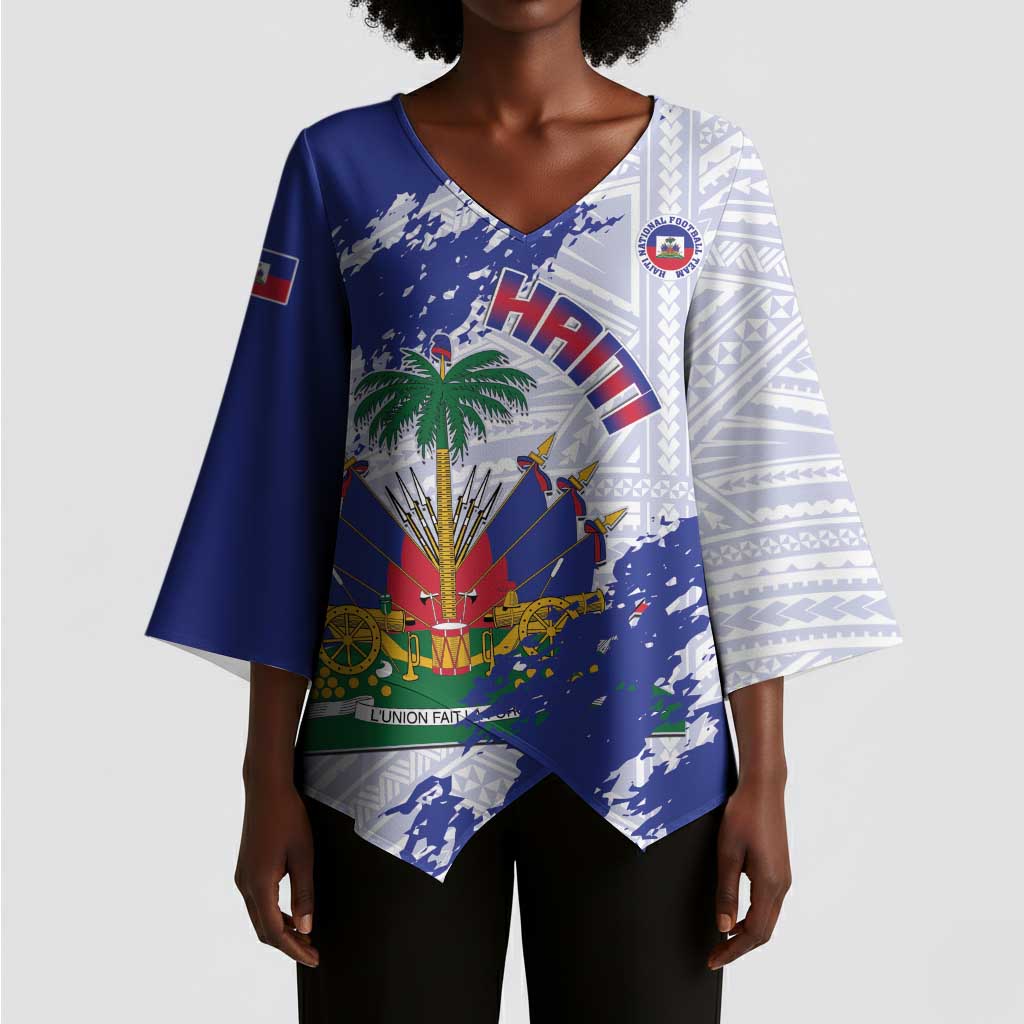 Custom Haiti Football Kimono Sleeve Blouse Les Grenadiers Blue Grunge Polynesian Tattoo
