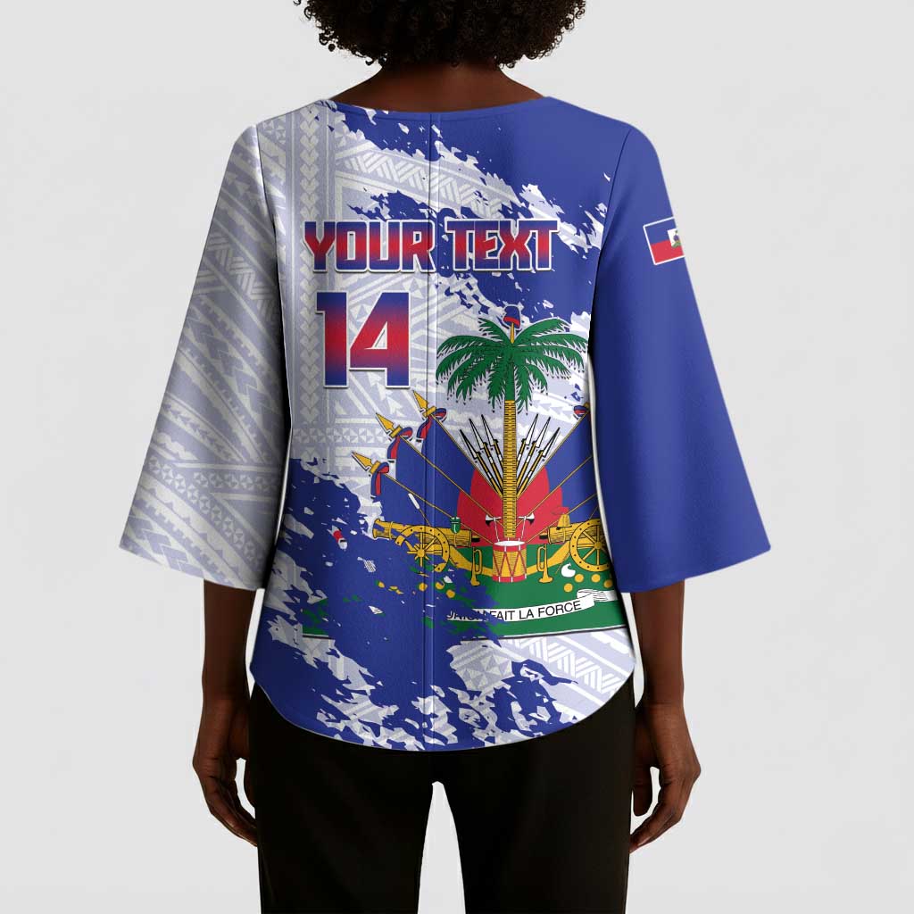 Custom Haiti Football Kimono Sleeve Blouse Les Grenadiers Blue Grunge Polynesian Tattoo