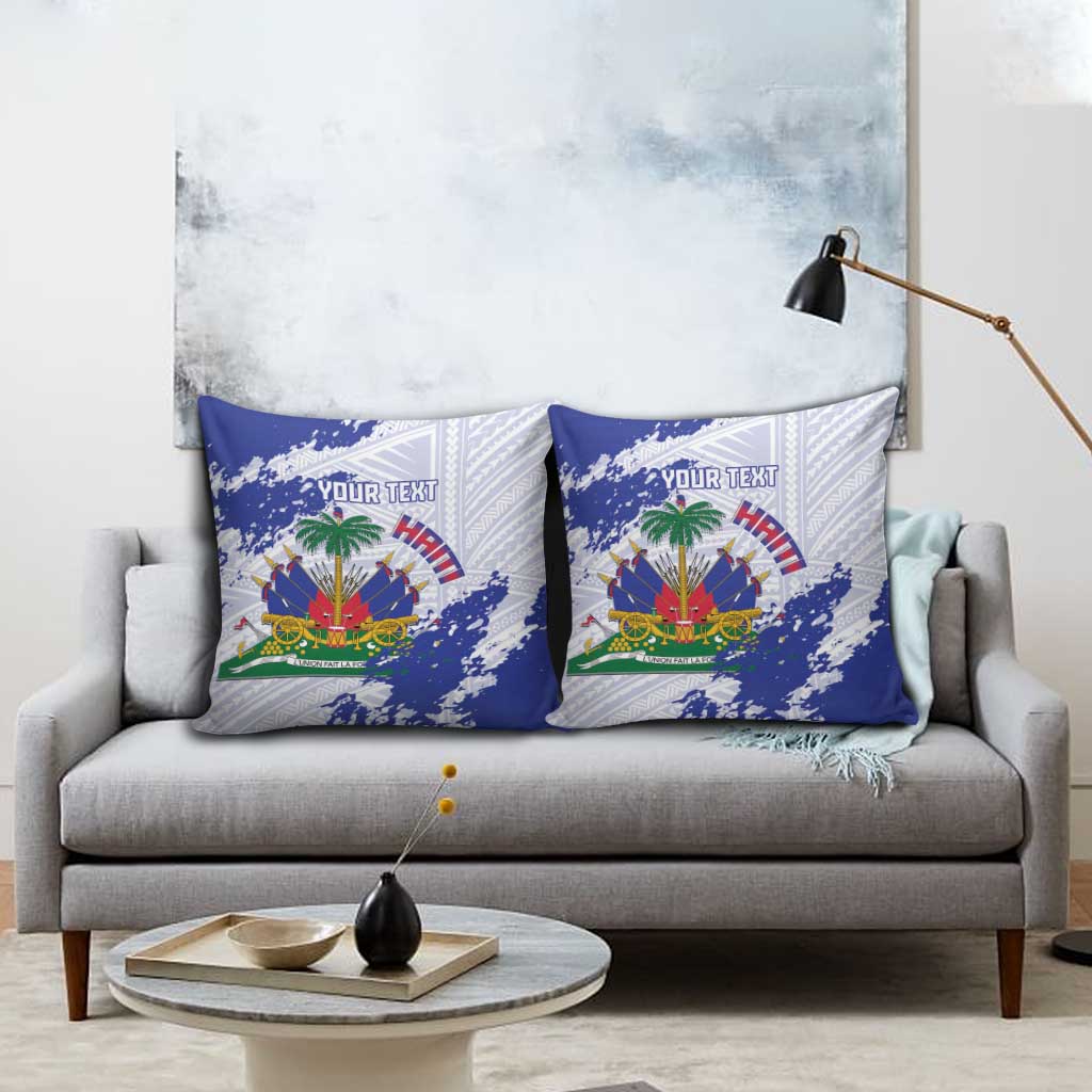 Custom Haiti Football Pillow Cover Les Grenadiers Blue Grunge Polynesian Tattoo