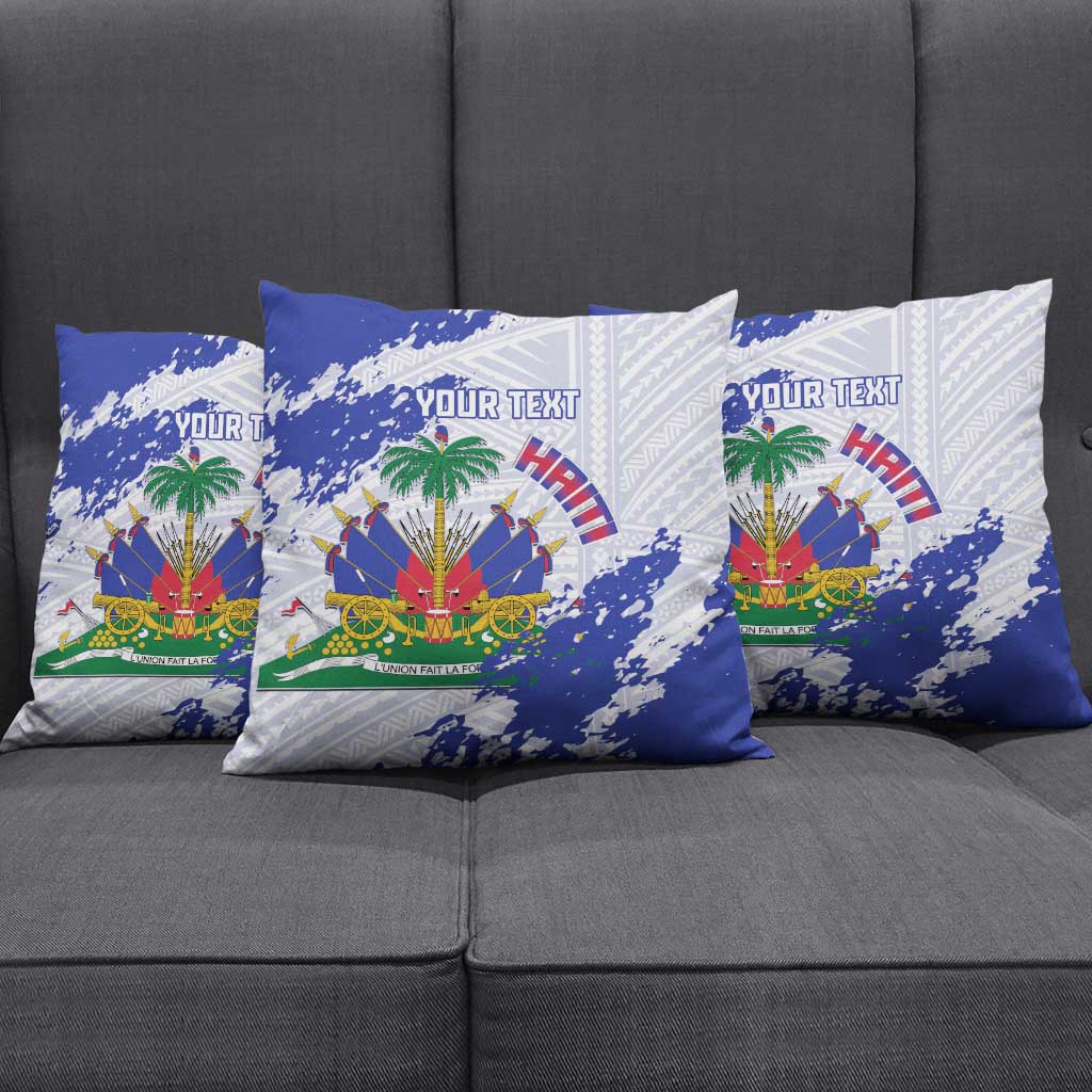 Custom Haiti Football Pillow Cover Les Grenadiers Blue Grunge Polynesian Tattoo