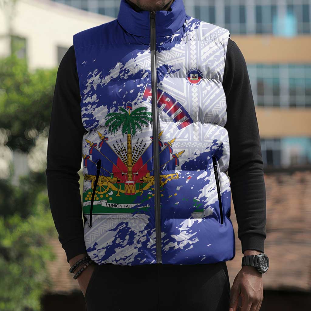 Custom Haiti Football Sleeveless Puffer Jacket Les Grenadiers Blue Grunge Polynesian Tattoo