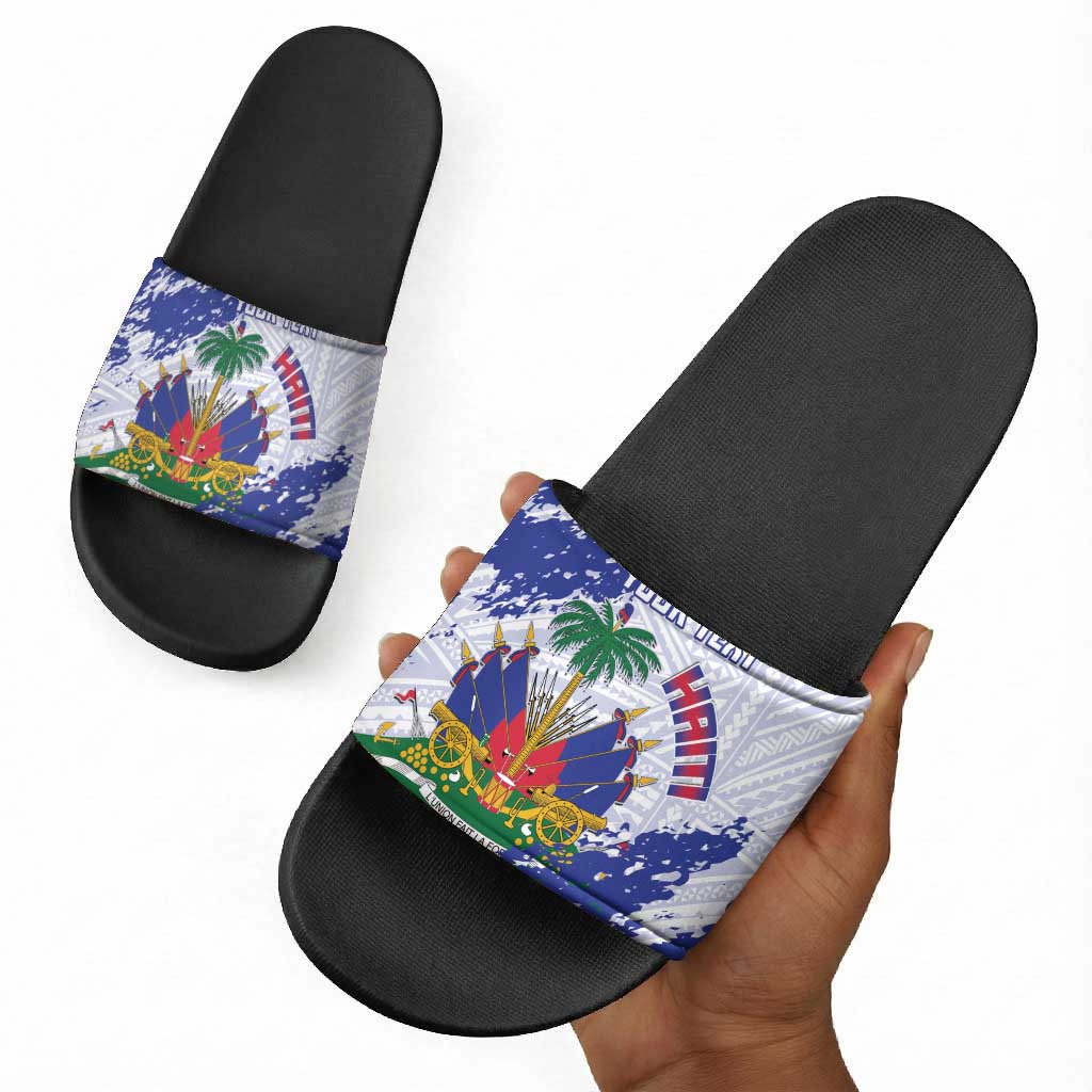 Custom Haiti Football Slide Sandals Les Grenadiers Blue Grunge Polynesian Tattoo