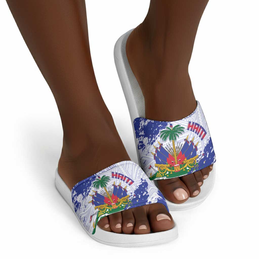 Custom Haiti Football Slide Sandals Les Grenadiers Blue Grunge Polynesian Tattoo
