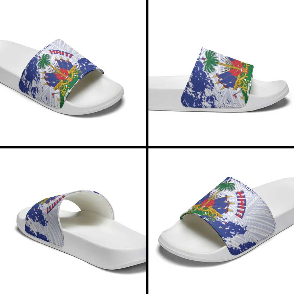 Custom Haiti Football Slide Sandals Les Grenadiers Blue Grunge Polynesian Tattoo