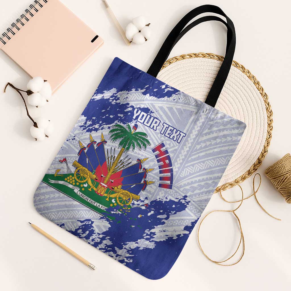 Custom Haiti Football Tote Bag Les Grenadiers Blue Grunge Polynesian Tattoo