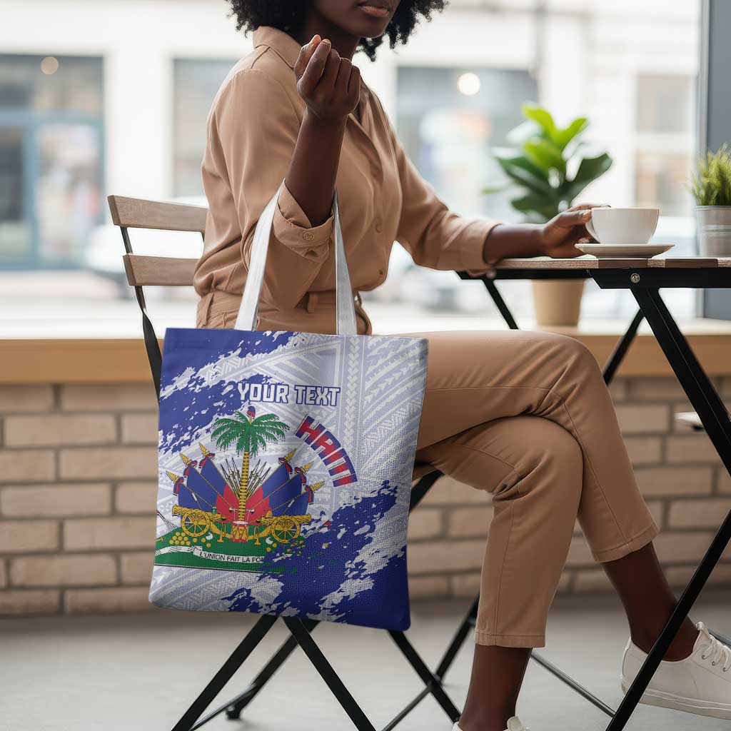 Custom Haiti Football Tote Bag Les Grenadiers Blue Grunge Polynesian Tattoo