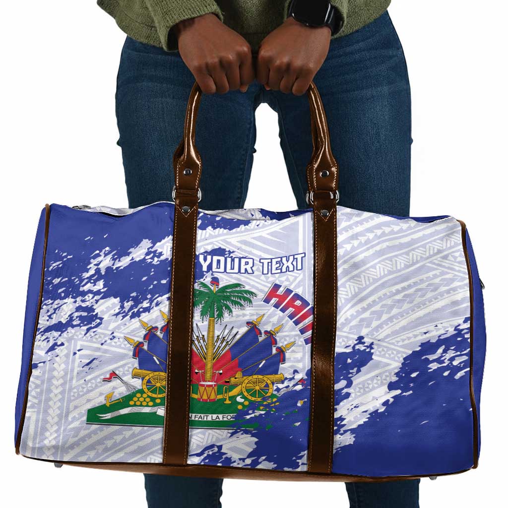 Custom Haiti Football Travel Bag Les Grenadiers Blue Grunge Polynesian Tattoo