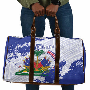 Custom Haiti Football Travel Bag Les Grenadiers Blue Grunge Polynesian Tattoo