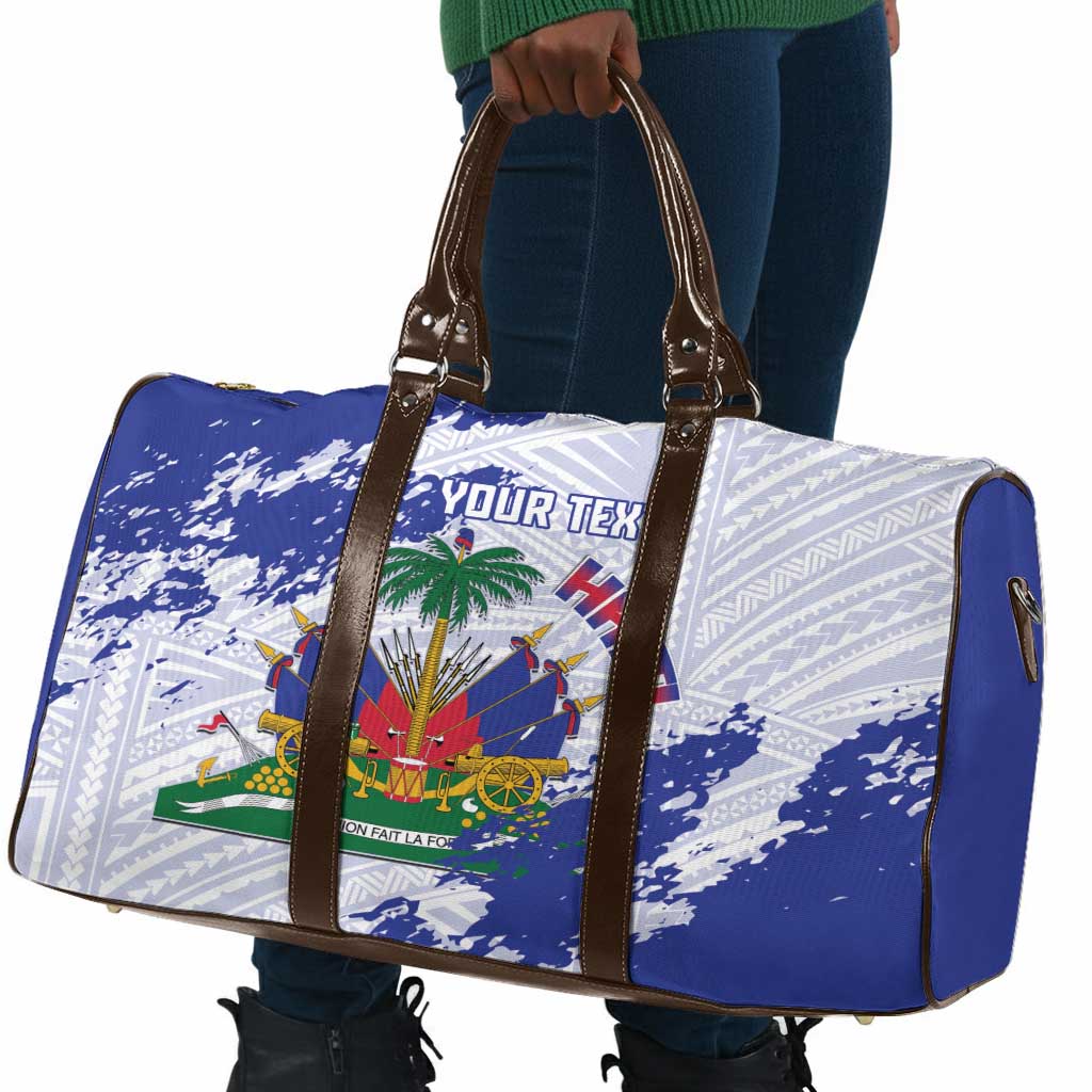 Custom Haiti Football Travel Bag Les Grenadiers Blue Grunge Polynesian Tattoo