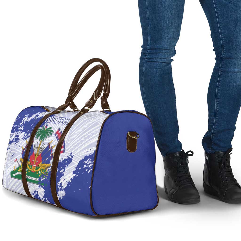 Custom Haiti Football Travel Bag Les Grenadiers Blue Grunge Polynesian Tattoo