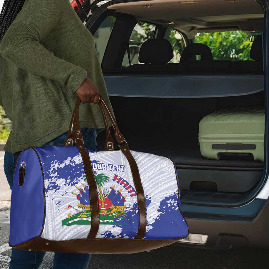 Custom Haiti Football Travel Bag Les Grenadiers Blue Grunge Polynesian Tattoo