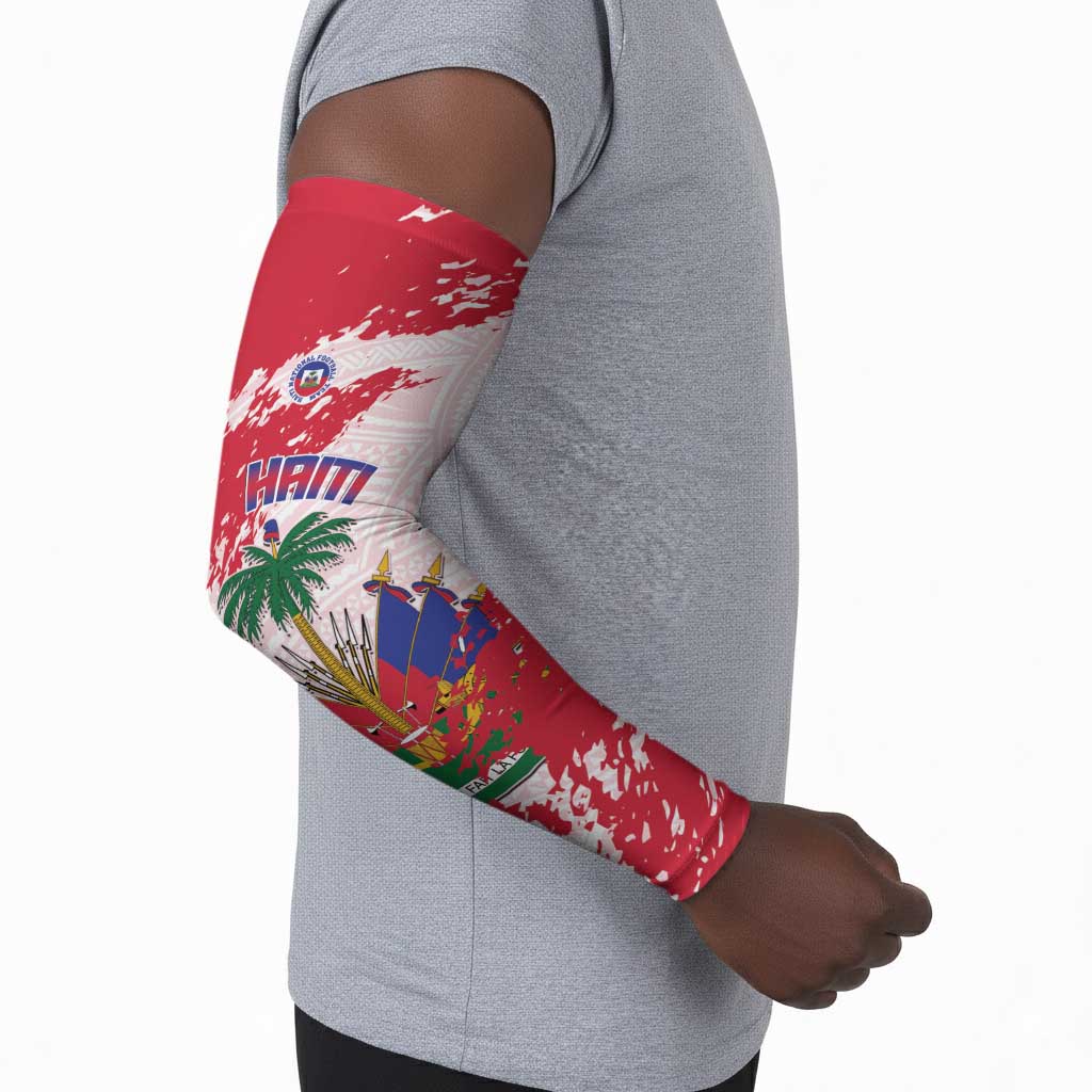 Custom Haiti Football Arm Sleeves Les Grenadiers Red Grunge Polynesian Tattoo