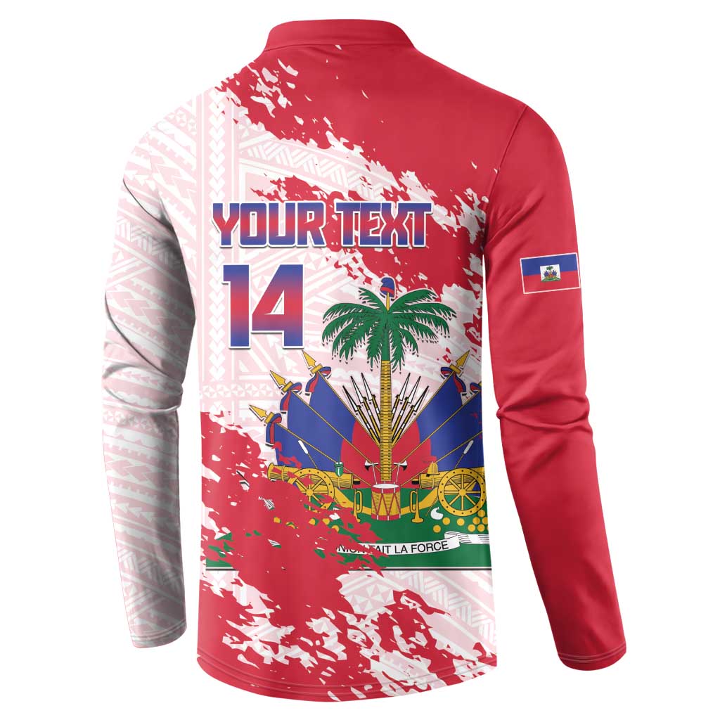 Custom Haiti Football Button Sweatshirt Les Grenadiers Red Grunge Polynesian Tattoo