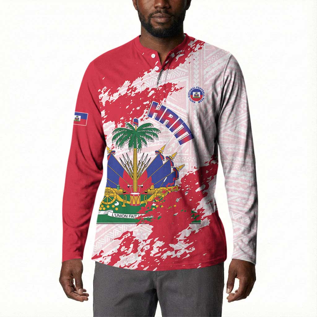 Custom Haiti Football Button Sweatshirt Les Grenadiers Red Grunge Polynesian Tattoo