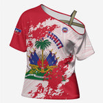 Custom Haiti Football Cross Shoulder Shirt Les Grenadiers Red Grunge Polynesian Tattoo