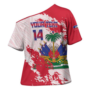 Custom Haiti Football Cross Shoulder Shirt Les Grenadiers Red Grunge Polynesian Tattoo