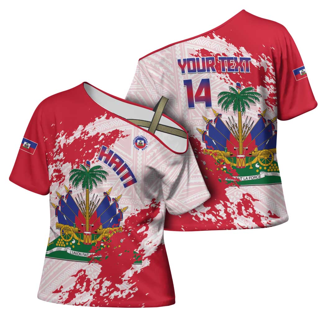 Custom Haiti Football Cross Shoulder Shirt Les Grenadiers Red Grunge Polynesian Tattoo