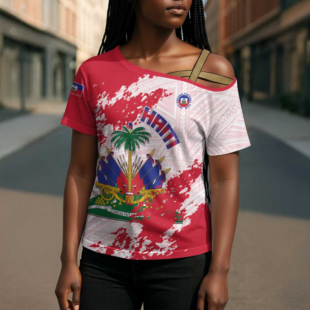 Custom Haiti Football Cross Shoulder Shirt Les Grenadiers Red Grunge Polynesian Tattoo