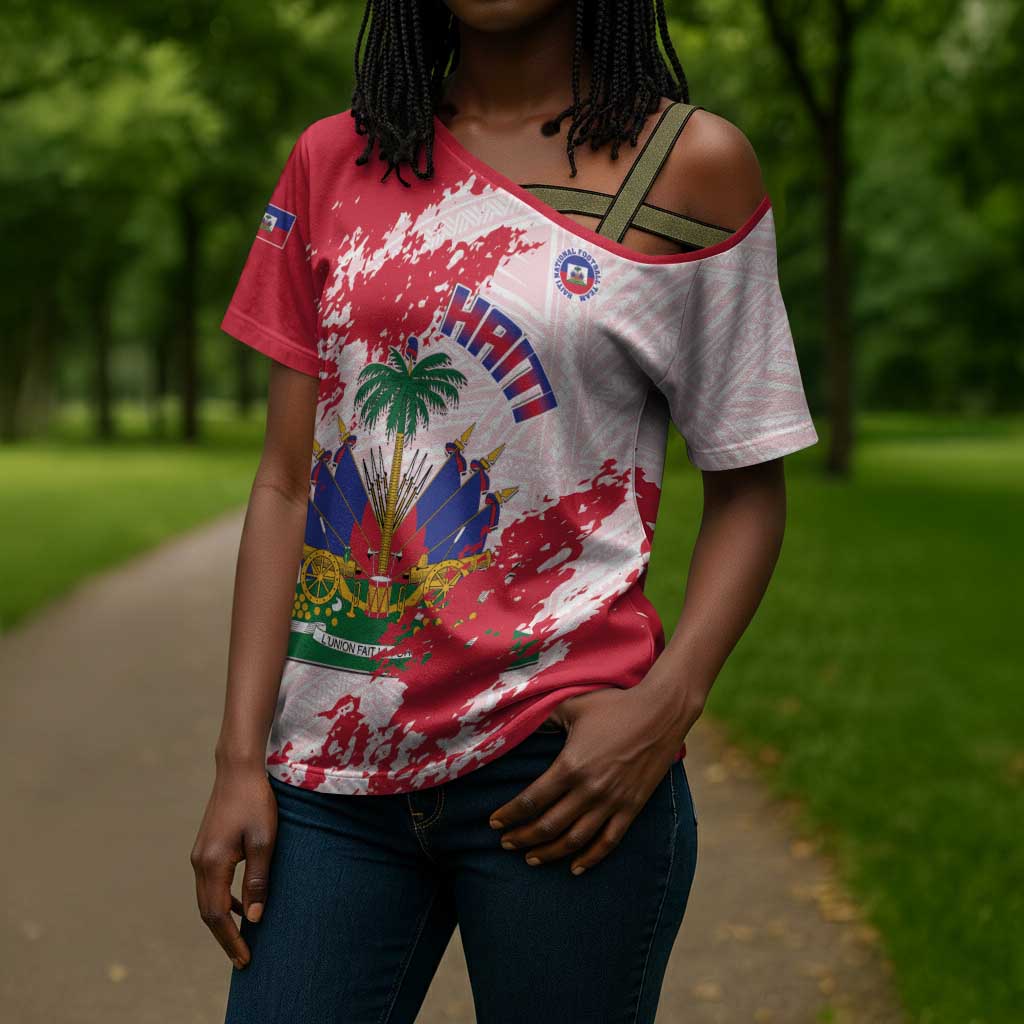Custom Haiti Football Cross Shoulder Shirt Les Grenadiers Red Grunge Polynesian Tattoo