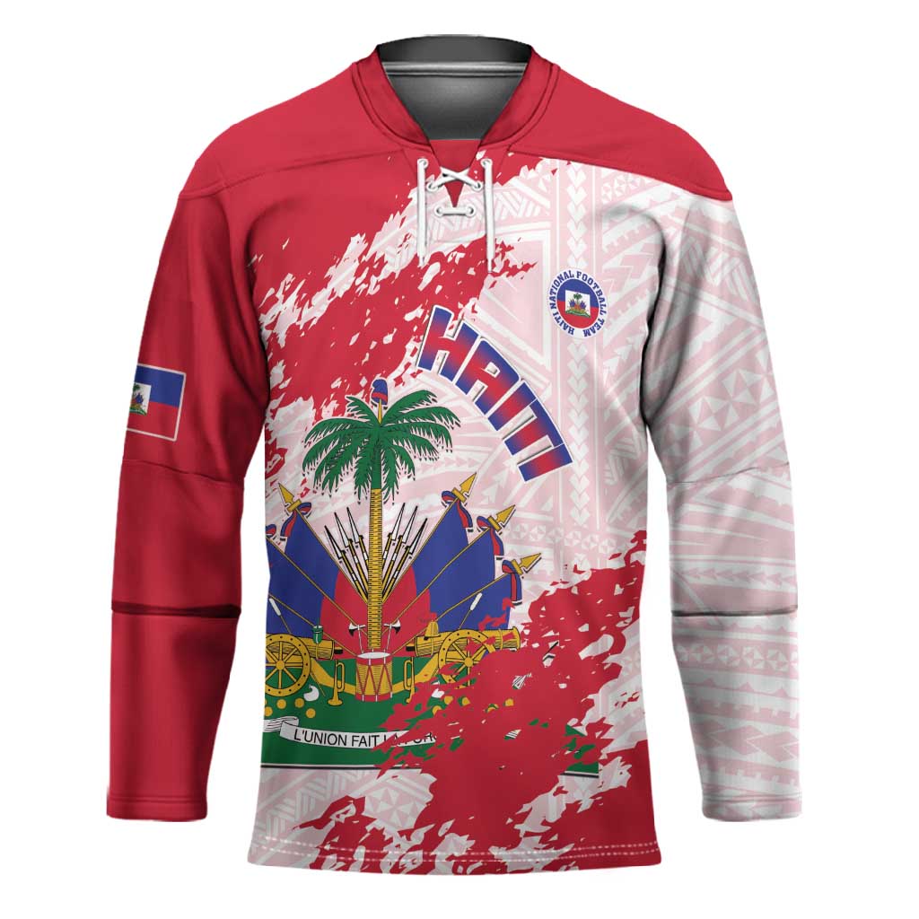 Custom Haiti Football Hockey Jersey Les Grenadiers Red Grunge Polynesian Tattoo
