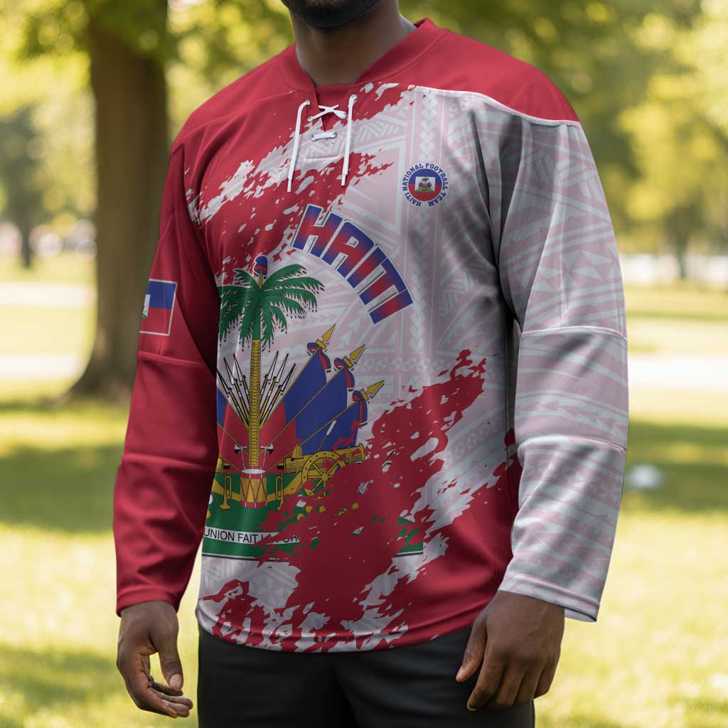 Custom Haiti Football Hockey Jersey Les Grenadiers Red Grunge Polynesian Tattoo