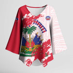 Custom Haiti Football Kimono Sleeve Blouse Les Grenadiers Red Grunge Polynesian Tattoo