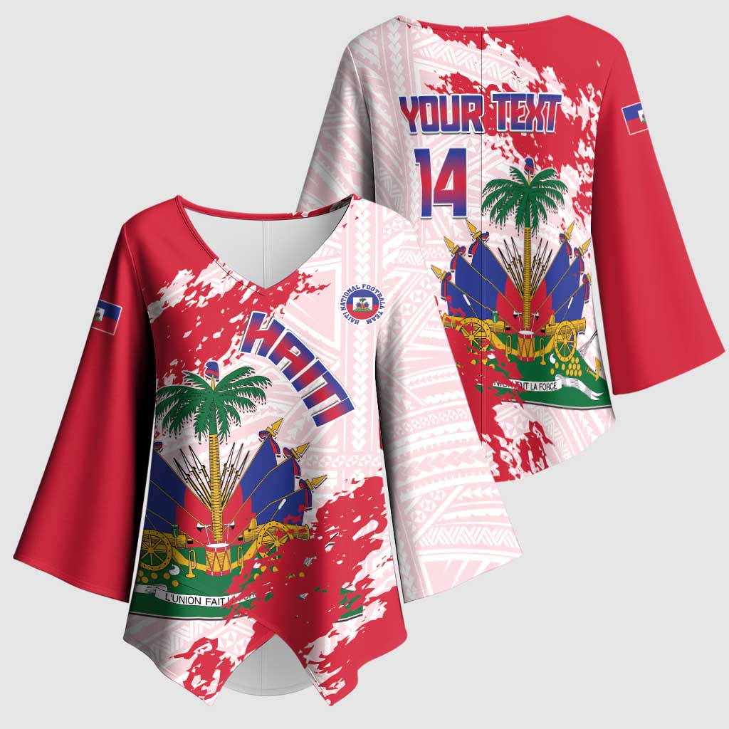 Custom Haiti Football Kimono Sleeve Blouse Les Grenadiers Red Grunge Polynesian Tattoo