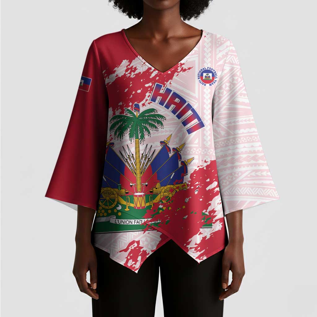 Custom Haiti Football Kimono Sleeve Blouse Les Grenadiers Red Grunge Polynesian Tattoo