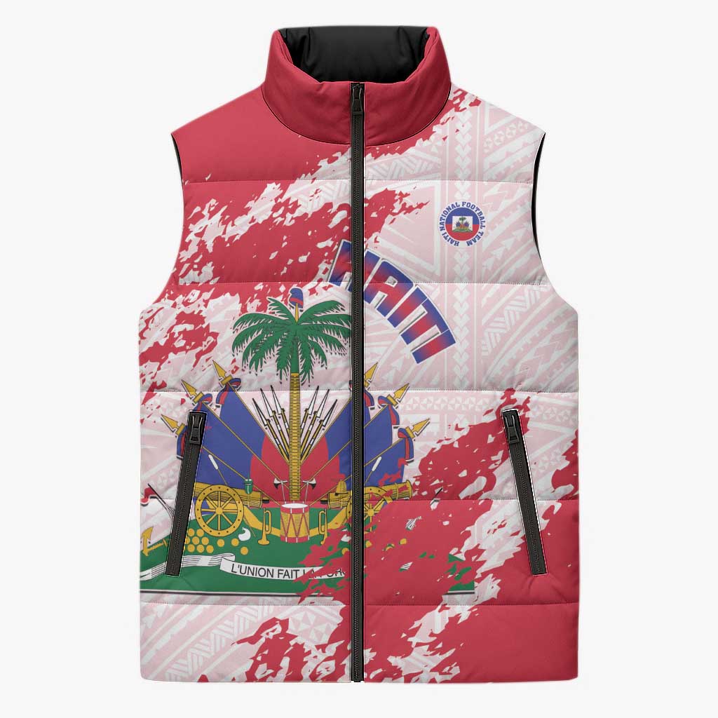 Custom Haiti Football Sleeveless Puffer Jacket Les Grenadiers Red Grunge Polynesian Tattoo